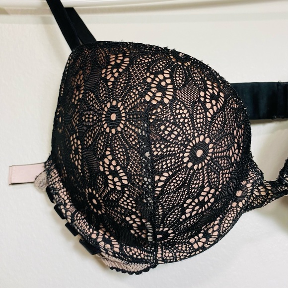 VICTORIA'S SECRET VERY SEXY PUSH UP PADDED BRA 32C/C70 BLACK BEIGE LACE - Picture 3 of 8
